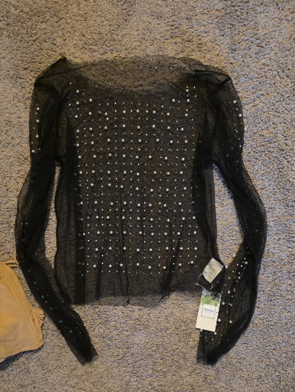 Sheer Black Pearl-Embellished Long Sleeve Top